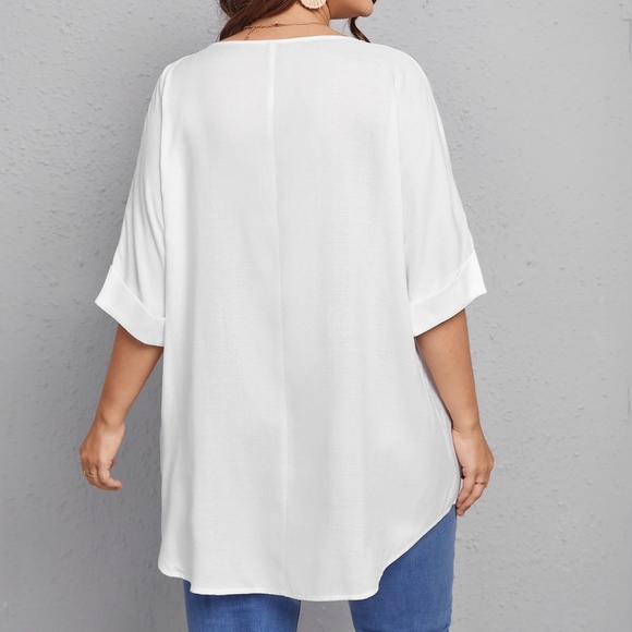 boho White V neck Cuff Short Sleeve oversized Blouse - Picture 5 of 7